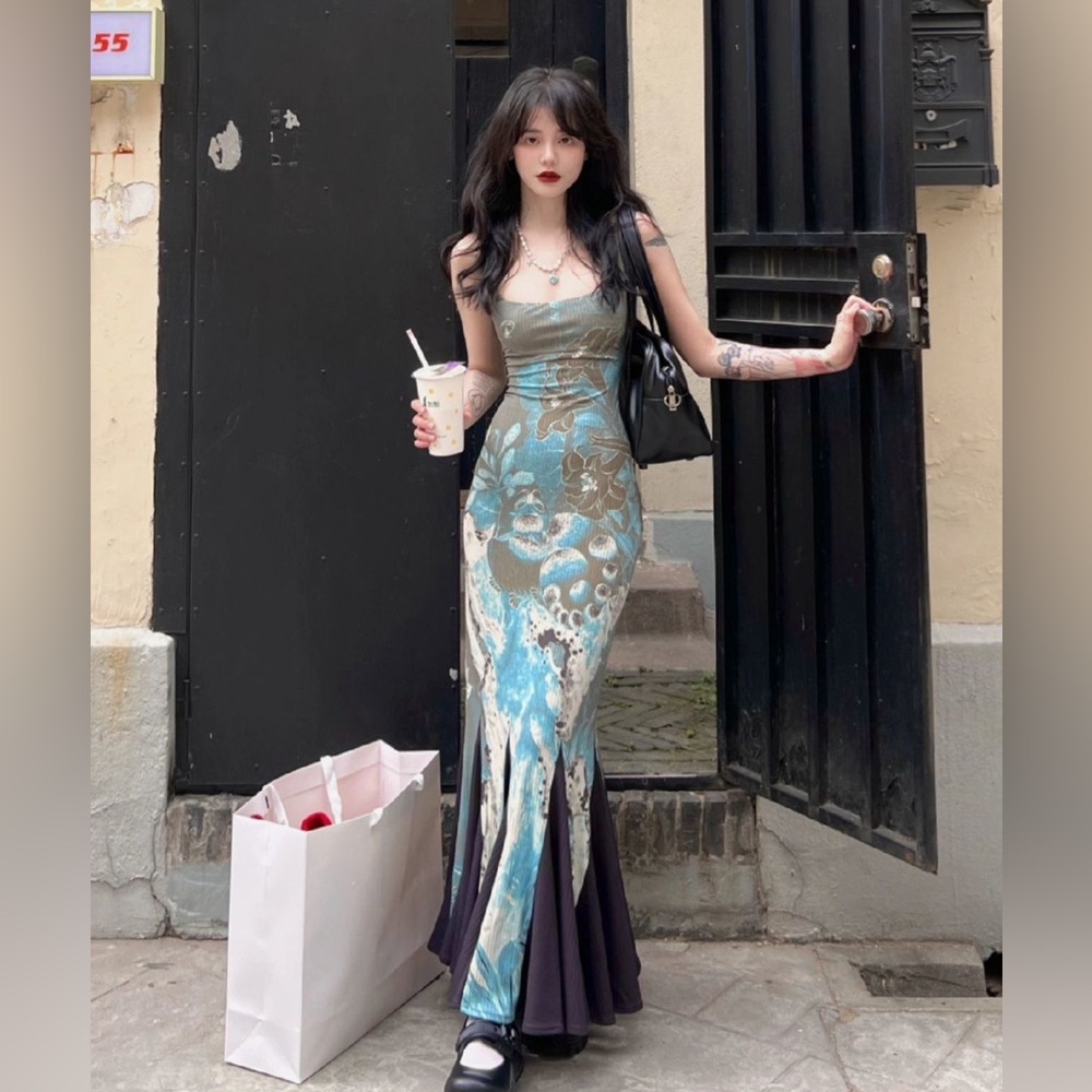 Blue Color-Block Mermaid Hem Dress for Spring & Summer